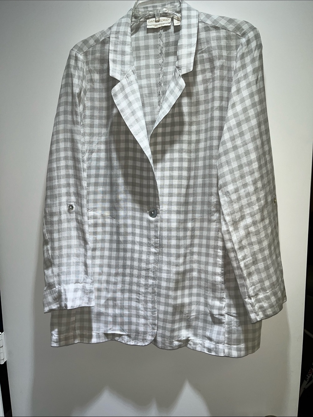 Cynthia Rowley Single breasted 1 button Linen Blazer Gray & White Gingham Large